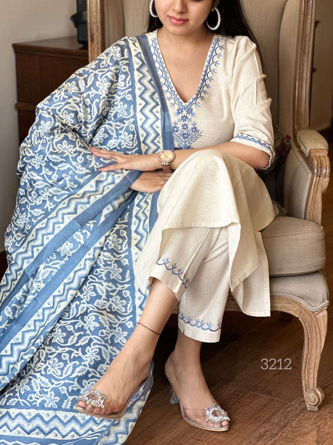 Women's Cotton Embroiderd Straight Kurti With Pant and Printed Dupatta Set
